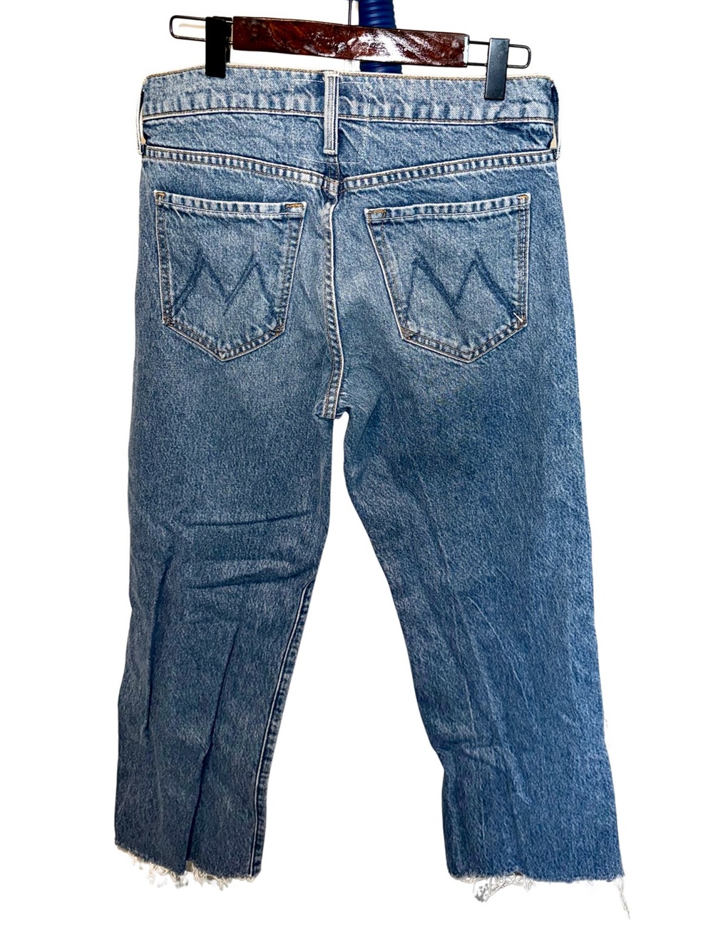 MOTHER SNACKS Women Straight Leg Jeans in Medium Blue Denim Raw Hem